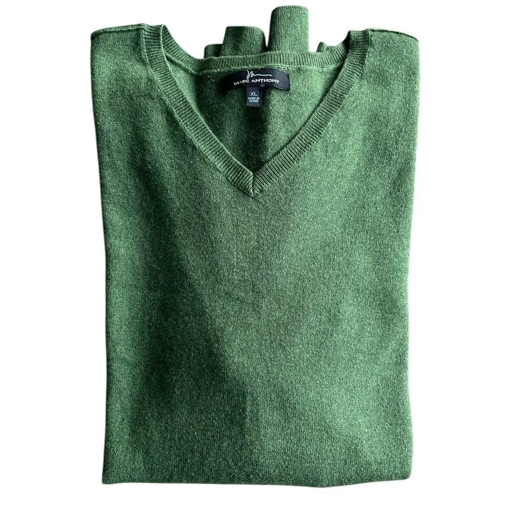 Marc Anthony Cotton Cashmere V-Neck Sweater Forest Green Ribbed XL